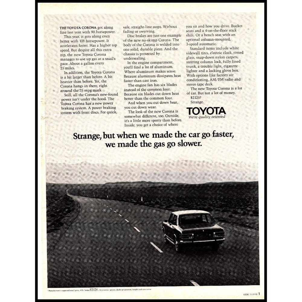 1971 Toyota Corona Sedan Vintage Print Ad Desert Highway Cactus Mountains Photo
